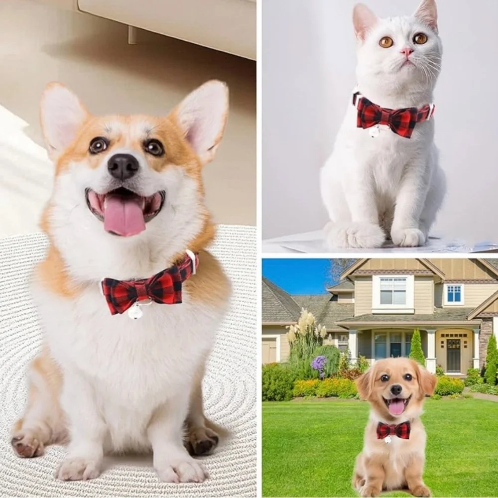 💞 New Small Red & Black Plaid Bow Tie Cat & Dog Collar with Bell